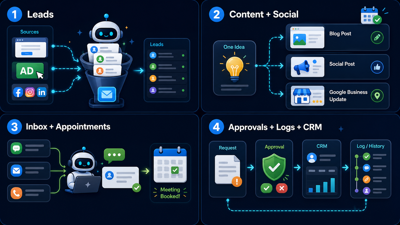 Cartoon infographic explaining lead capture, content, inbox, approvals, CRM, and logs
