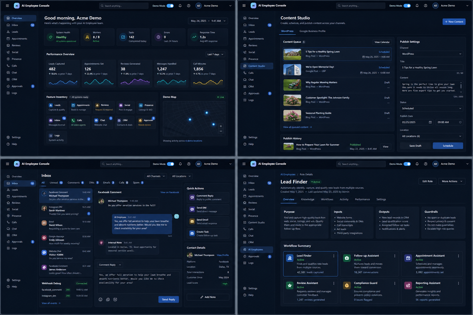 Console screenshots showing product modules and dashboard-style UI